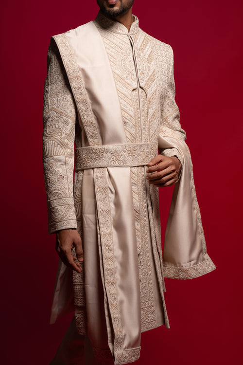 Beige Silk Thread & Stone Embroidered Groom Sherwani