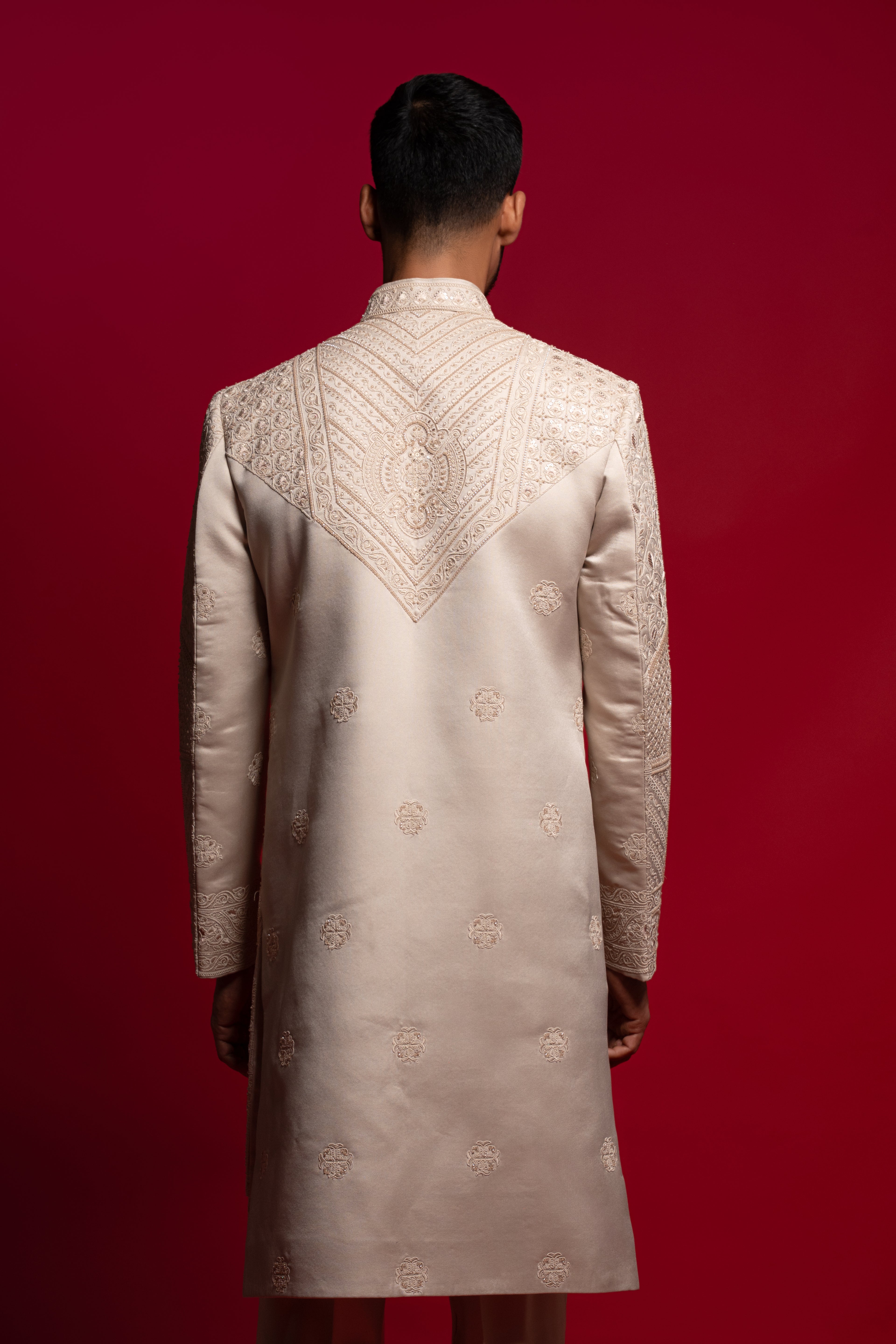 Beige Silk Thread & Stone Embroidered Groom Sherwani