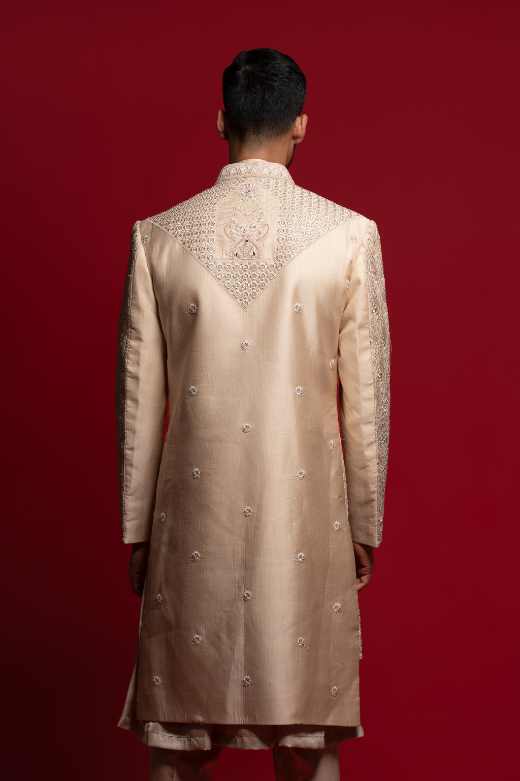 Champagne Beige Silk Embroidered Sherwani For Groom
