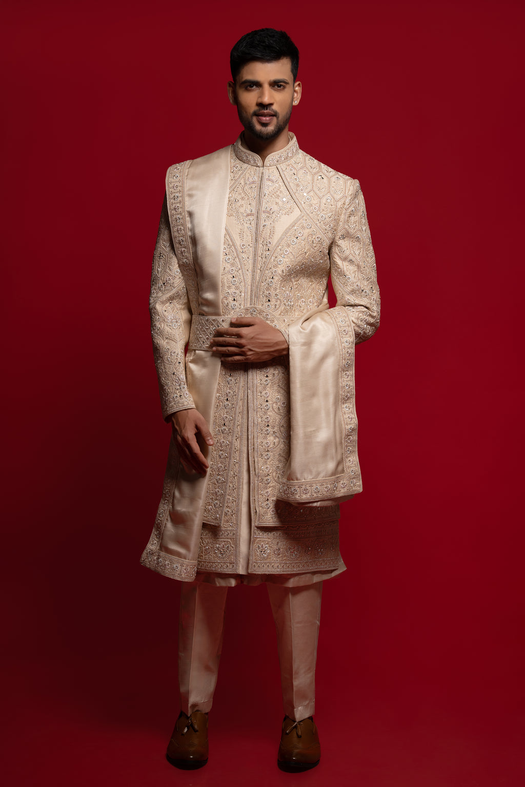Champagne Beige Silk Embroidered Sherwani For Groom