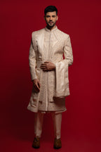 Champagne Beige Silk Embroidered Sherwani For Groom