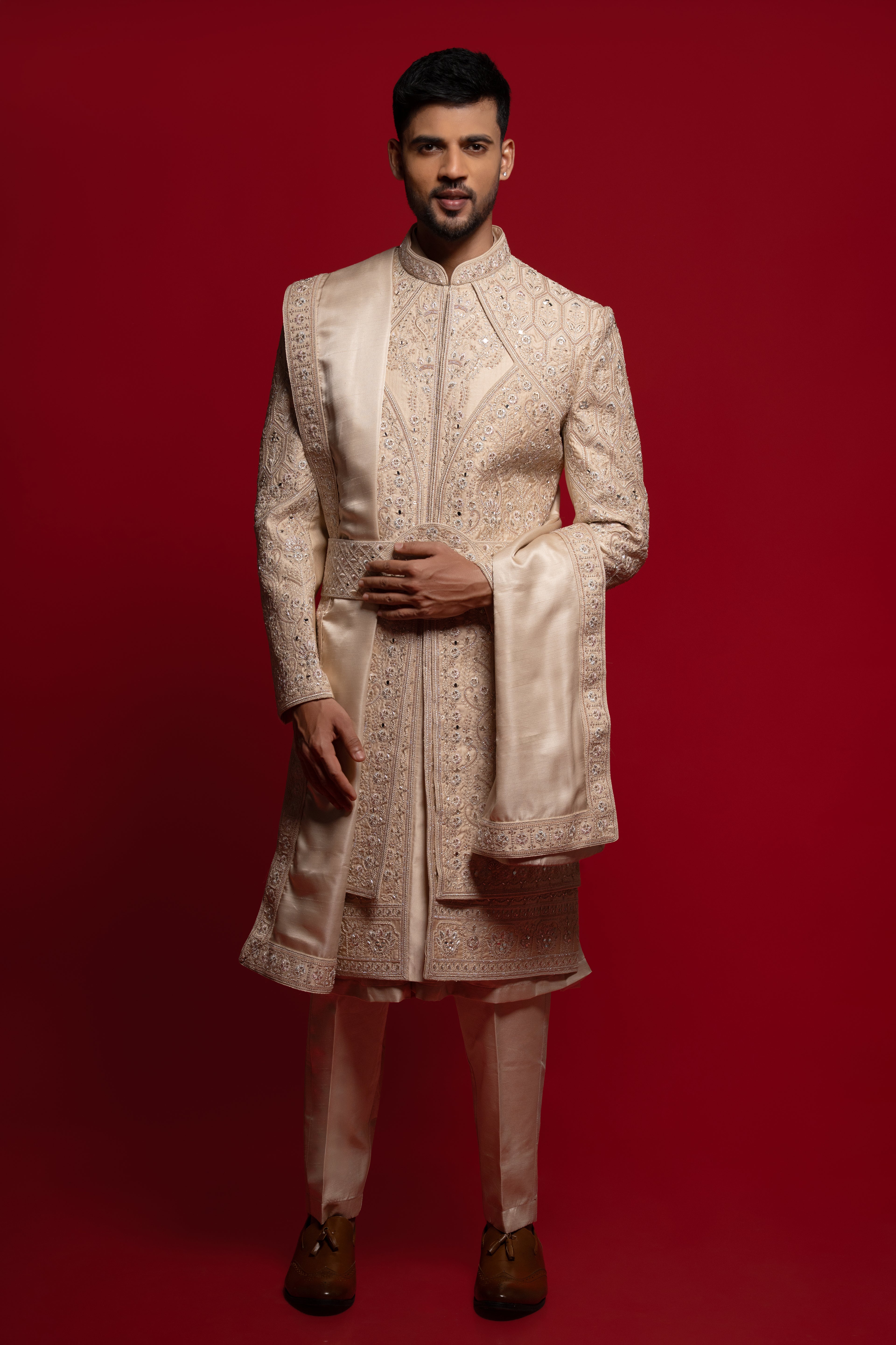 Champagne Beige Silk Embroidered Sherwani For Groom