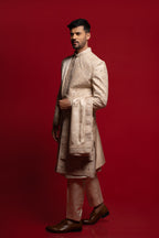 Champagne Beige Silk Embroidered Sherwani For Groom