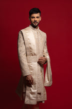 Champagne Beige Silk Embroidered Sherwani For Groom