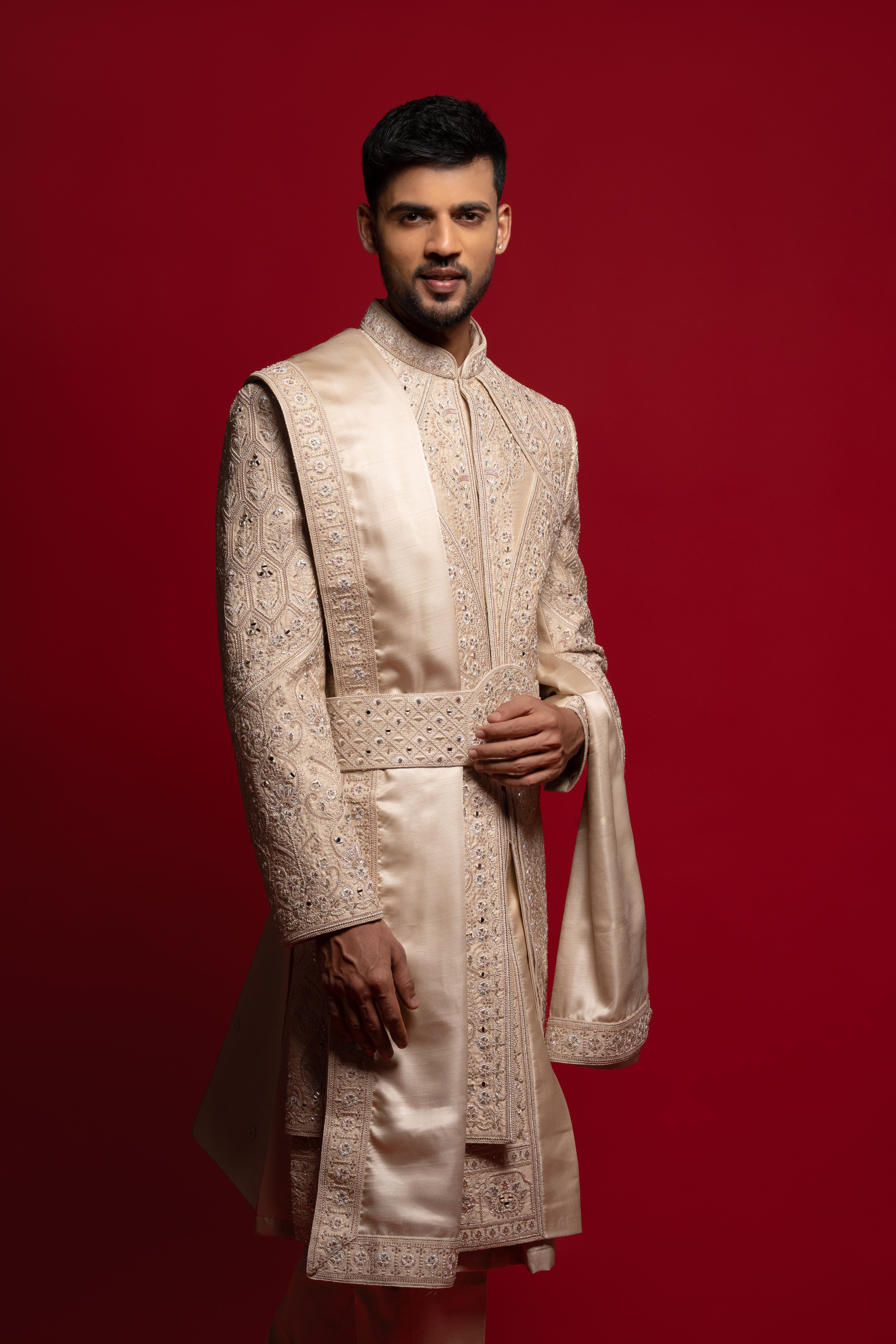 Champagne Beige Silk Embroidered Sherwani For Groom