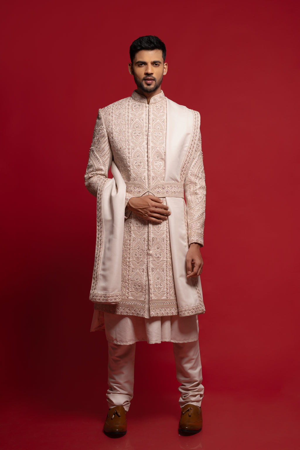 Blush Pink Silk Embroidered Sherwani Set