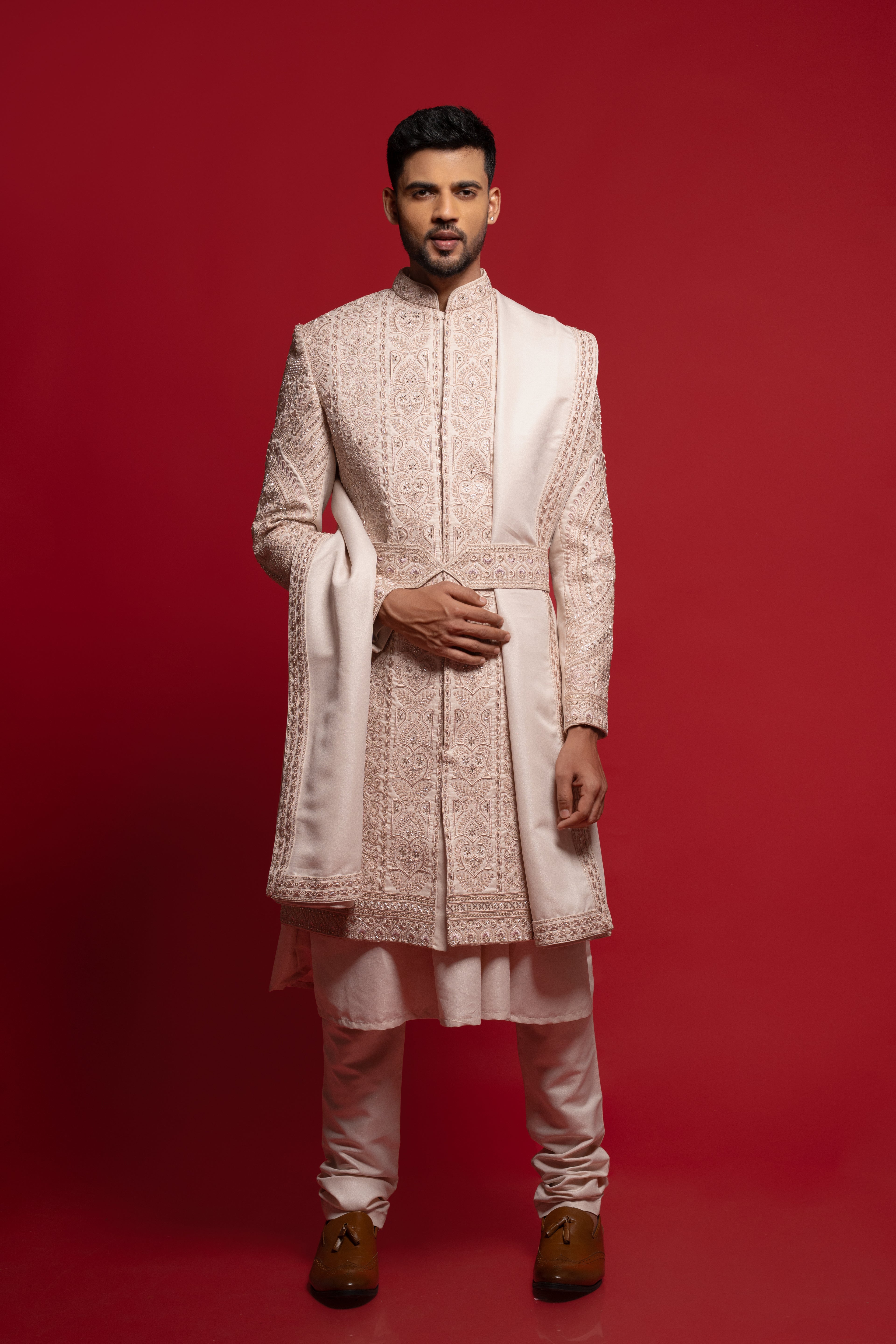 Blush Pink Silk Embroidered Sherwani Set
