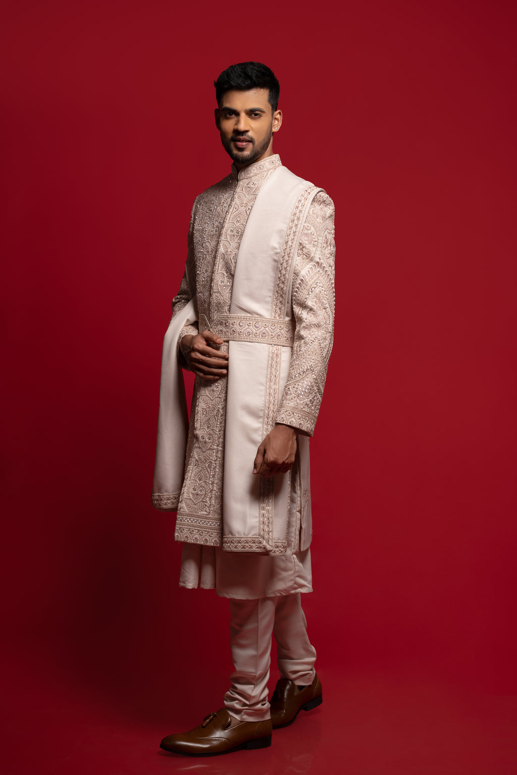 Blush Pink Silk Embroidered Sherwani Set
