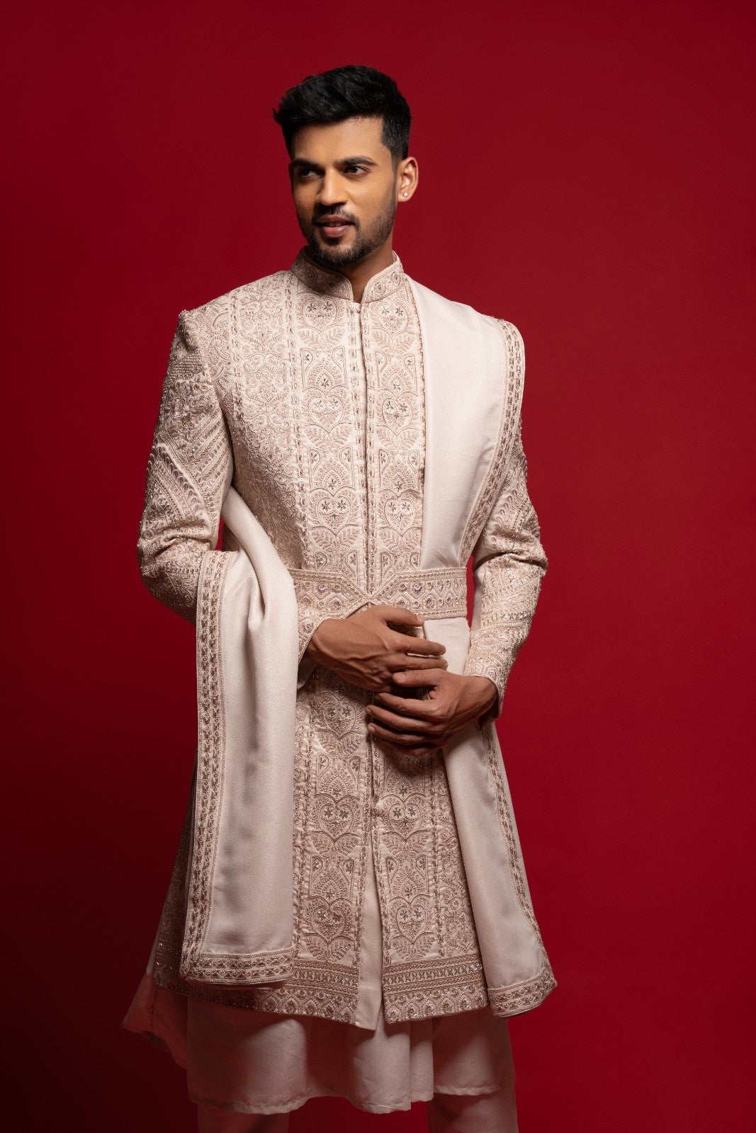 Blush Pink Silk Embroidered Sherwani Set