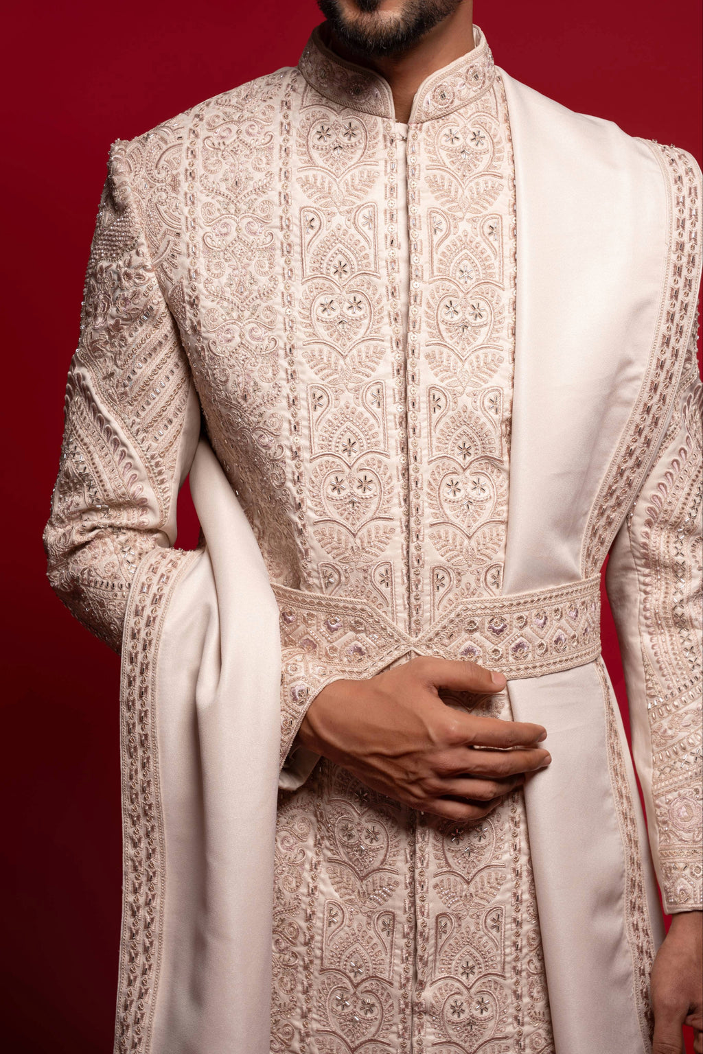 Blush Pink Silk Embroidered Sherwani Set