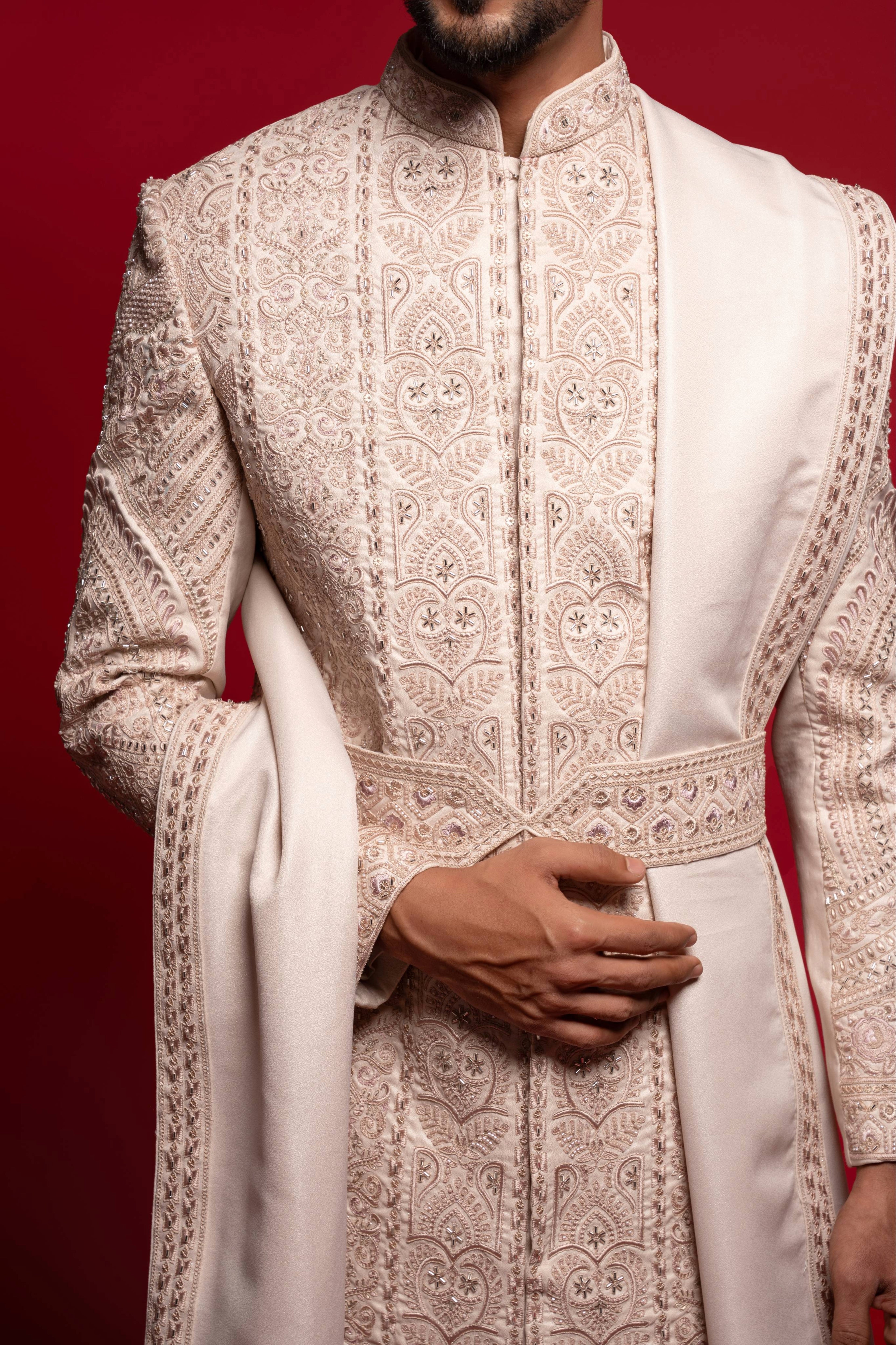 Blush Pink Silk Embroidered Sherwani Set
