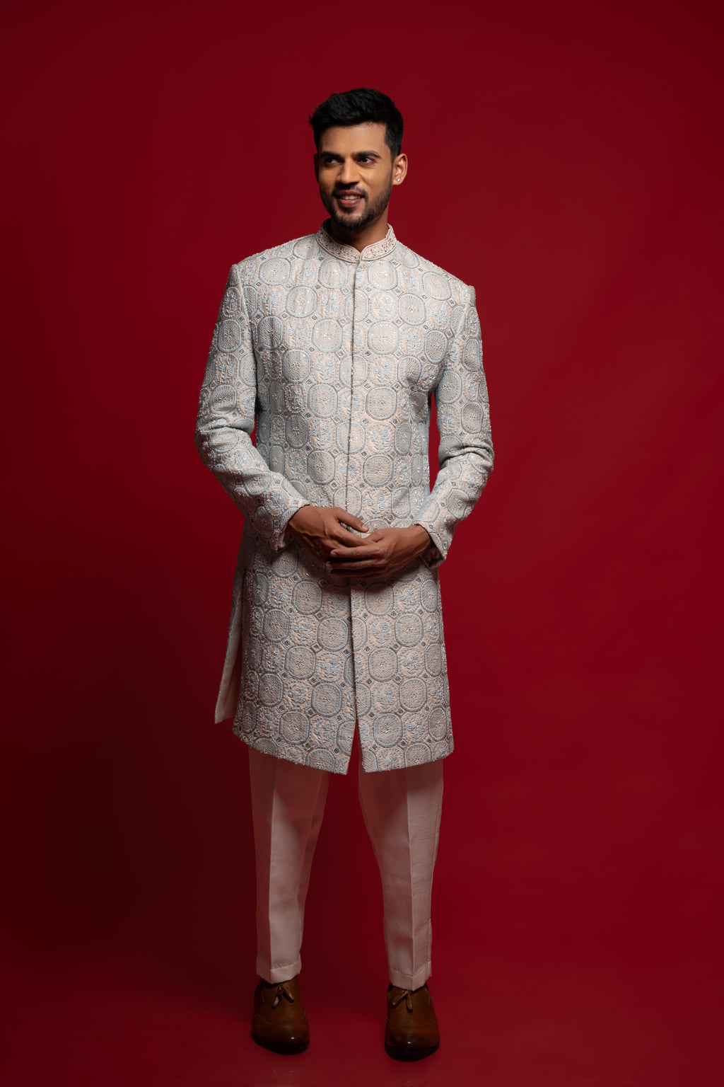Power Blue Silk Embroidered Sherwani Set