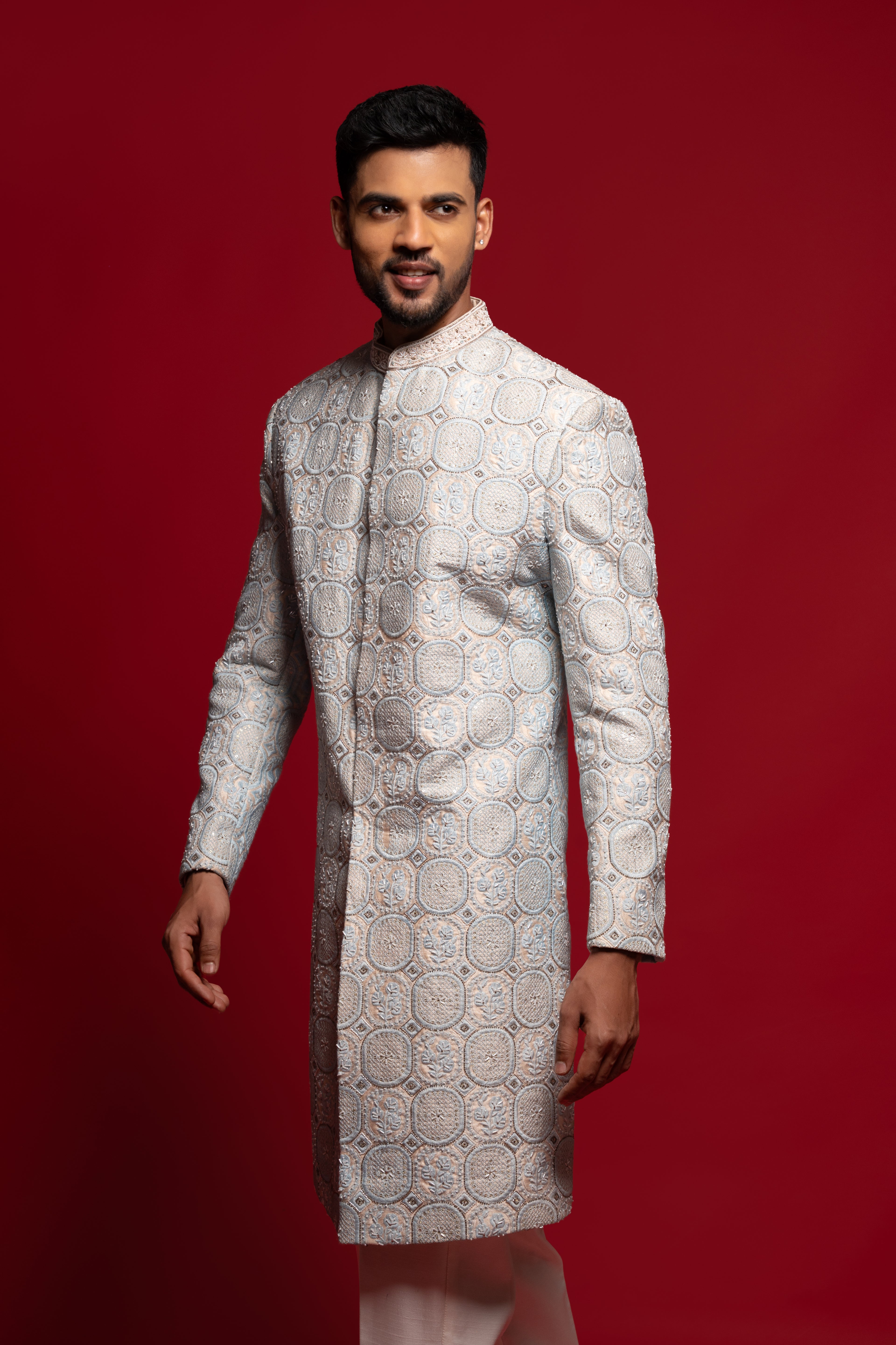 Power Blue Silk Embroidered Sherwani Set
