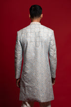 Power Blue Silk Embroidered Sherwani Set