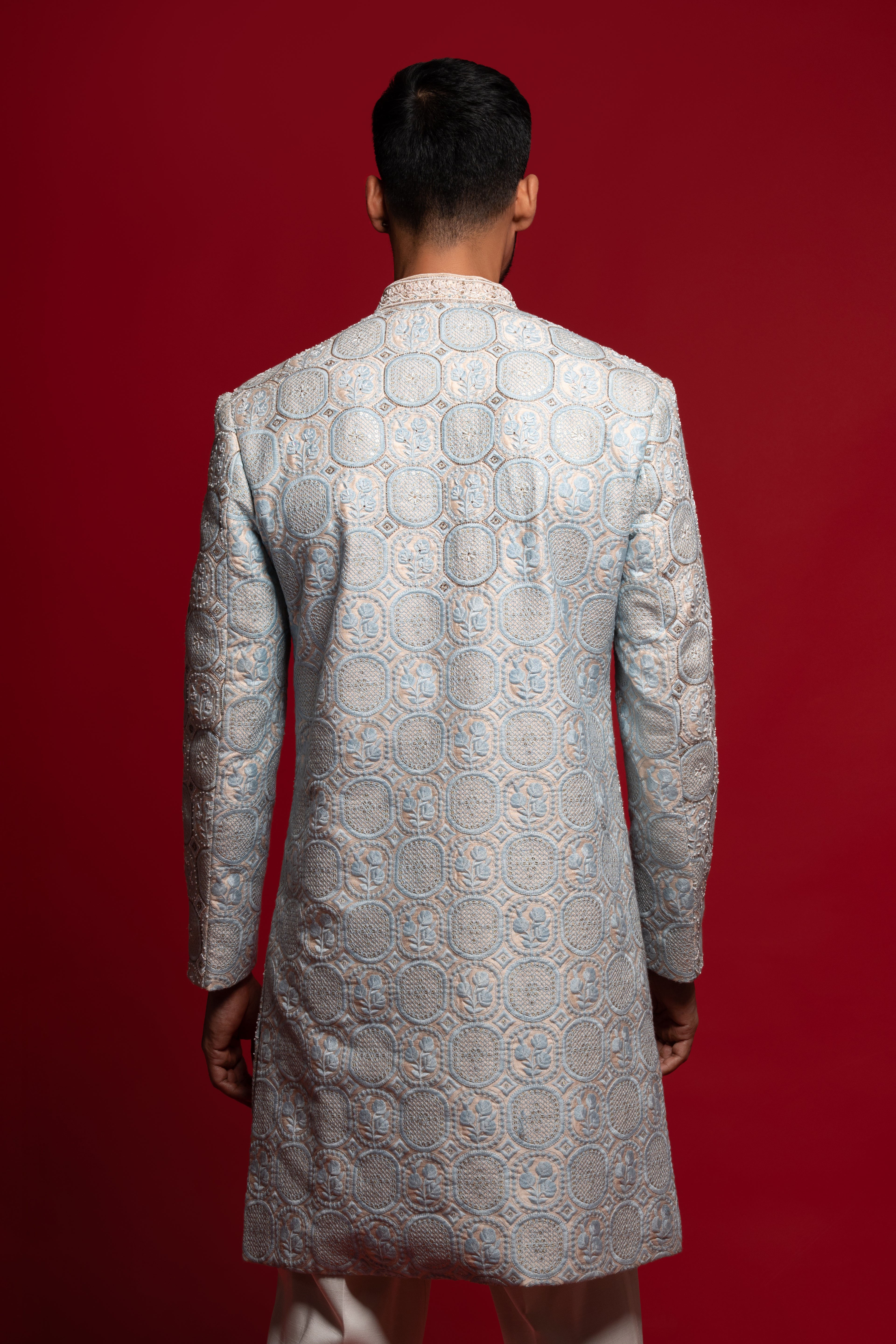 Power Blue Silk Embroidered Sherwani Set