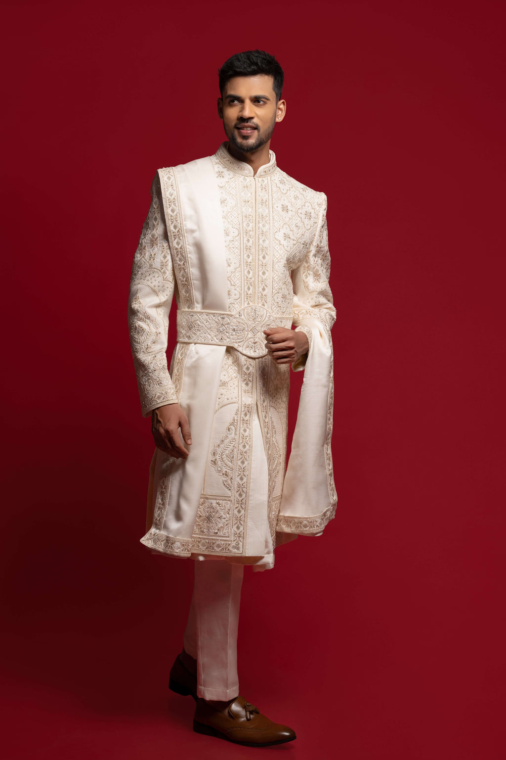 Off White Silk Zari & Stone Sherwani Set with Dupatta