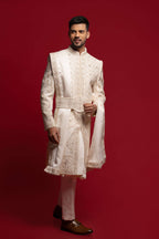 Off White Silk Zari & Stone Sherwani Set with Dupatta