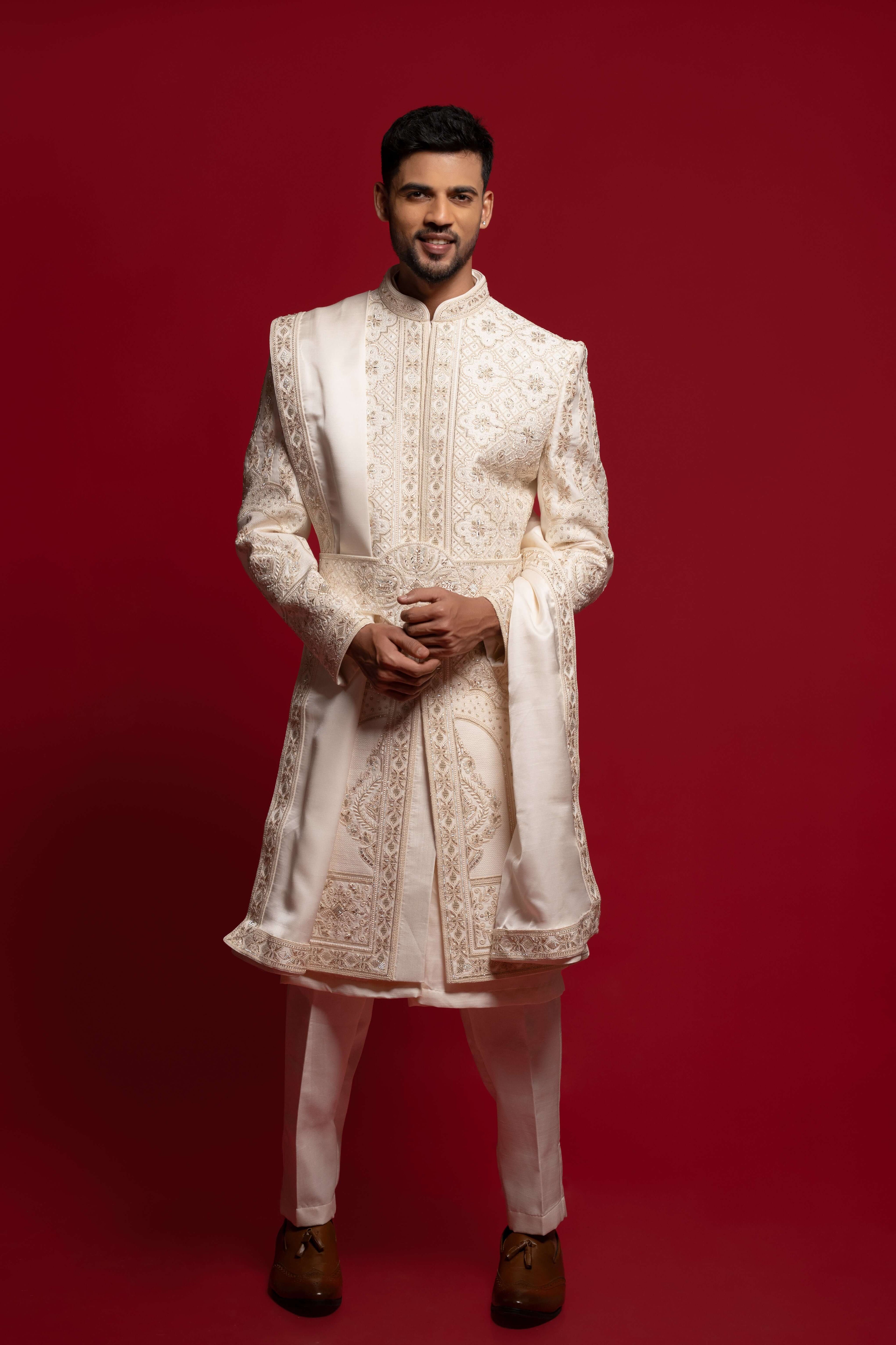 Off White Silk Zari & Stone Sherwani Set with Dupatta