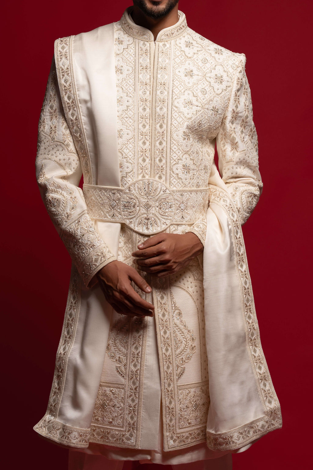 Off White Silk Zari & Stone Sherwani Set with Dupatta