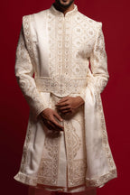 Off White Silk Zari & Stone Sherwani Set with Dupatta