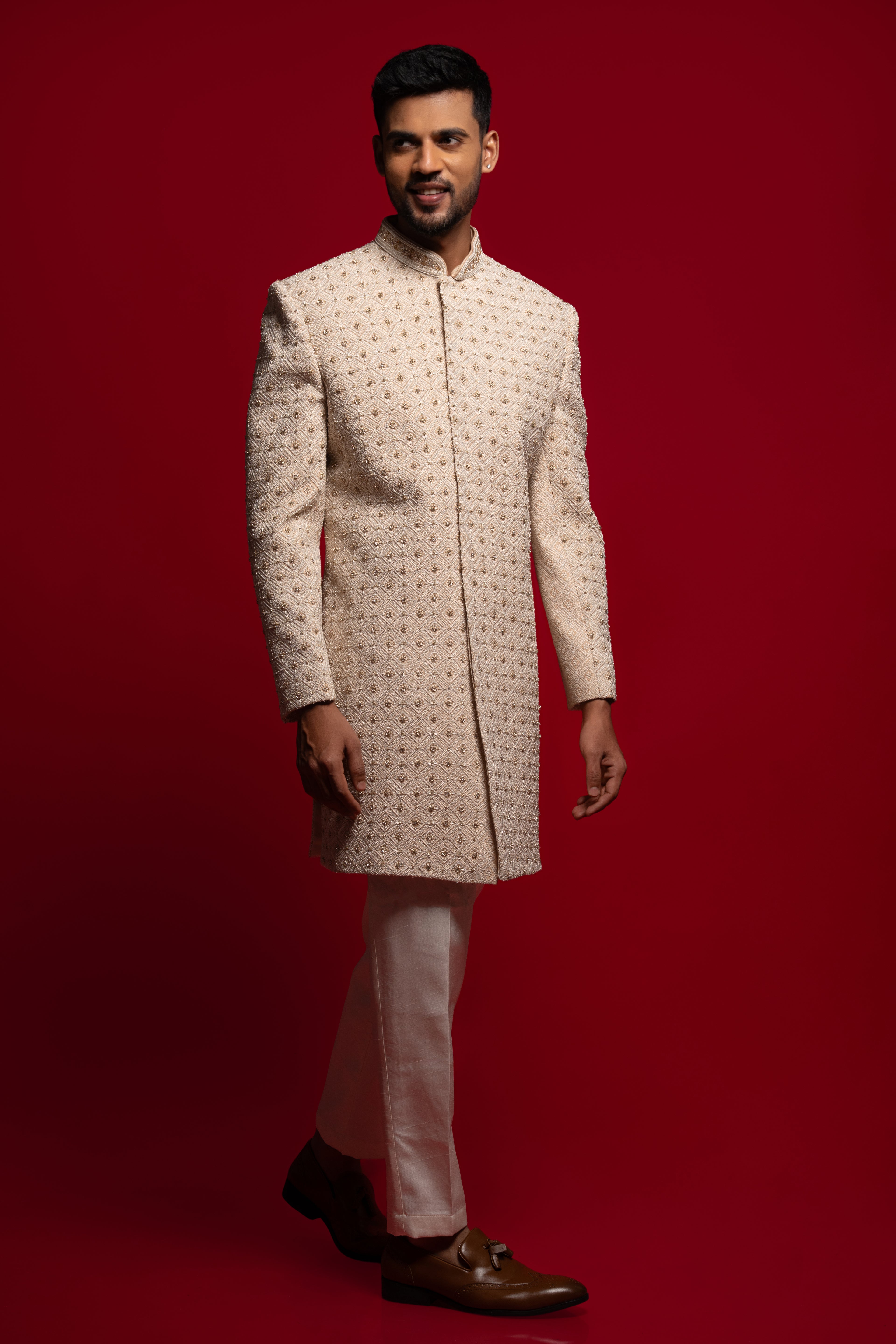 Classic Cream Embroidered Sherwani Dress For Groom