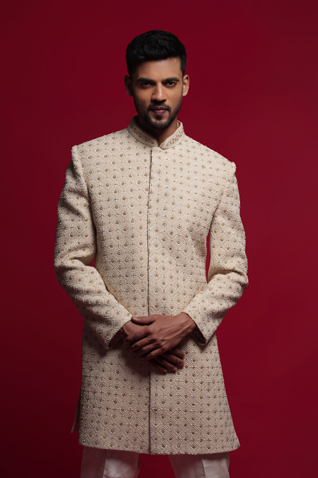 Classic Cream Embroidered Sherwani Dress For Groom