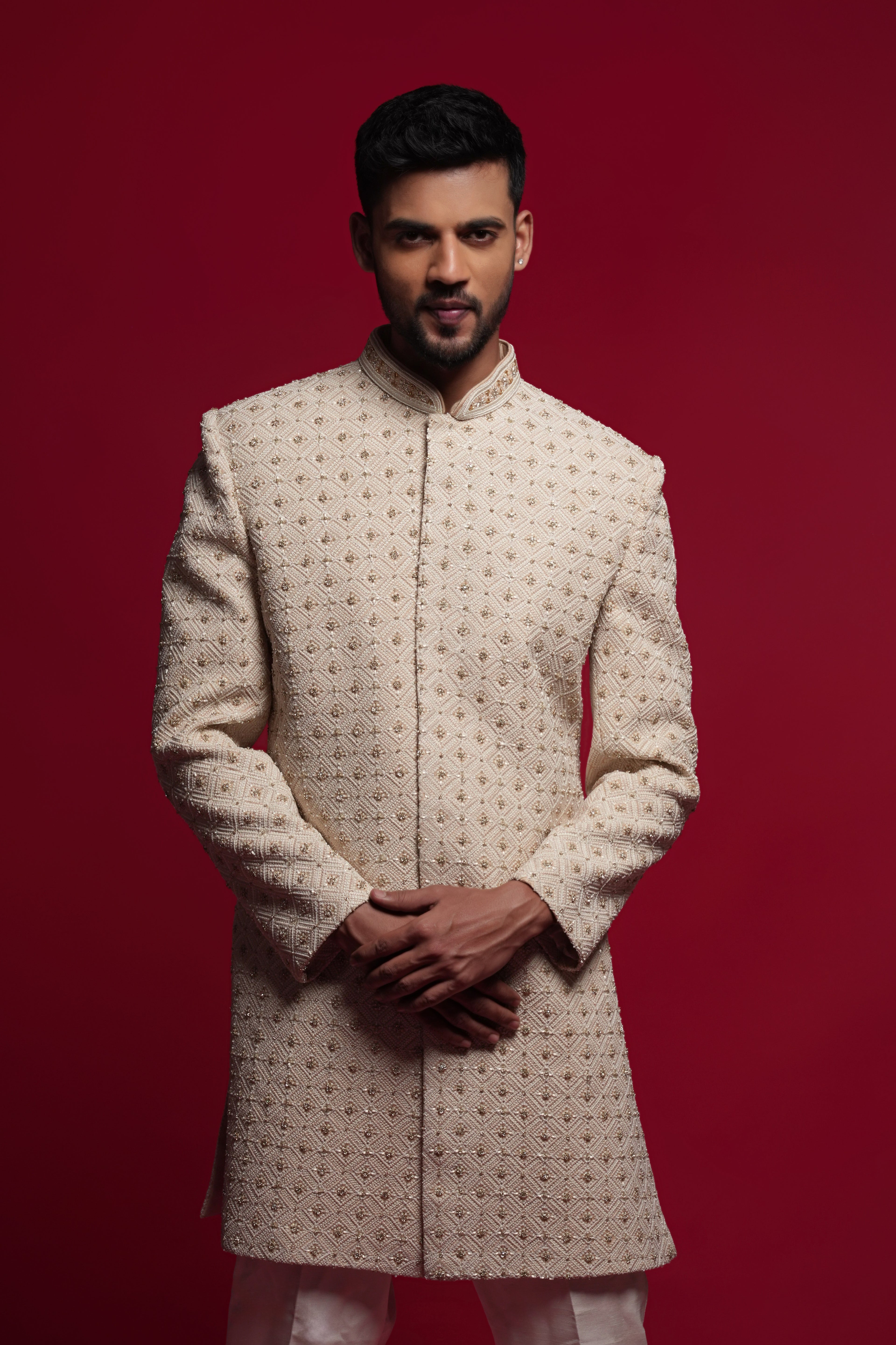 Classic Cream Embroidered Sherwani Dress For Groom