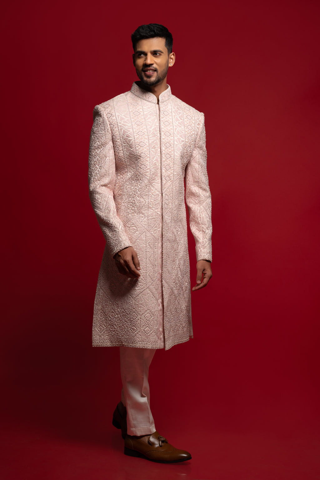 Pink Embroidered Silk Wedding Sherwani For Groom