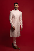 Pink Embroidered Silk Wedding Sherwani For Groom