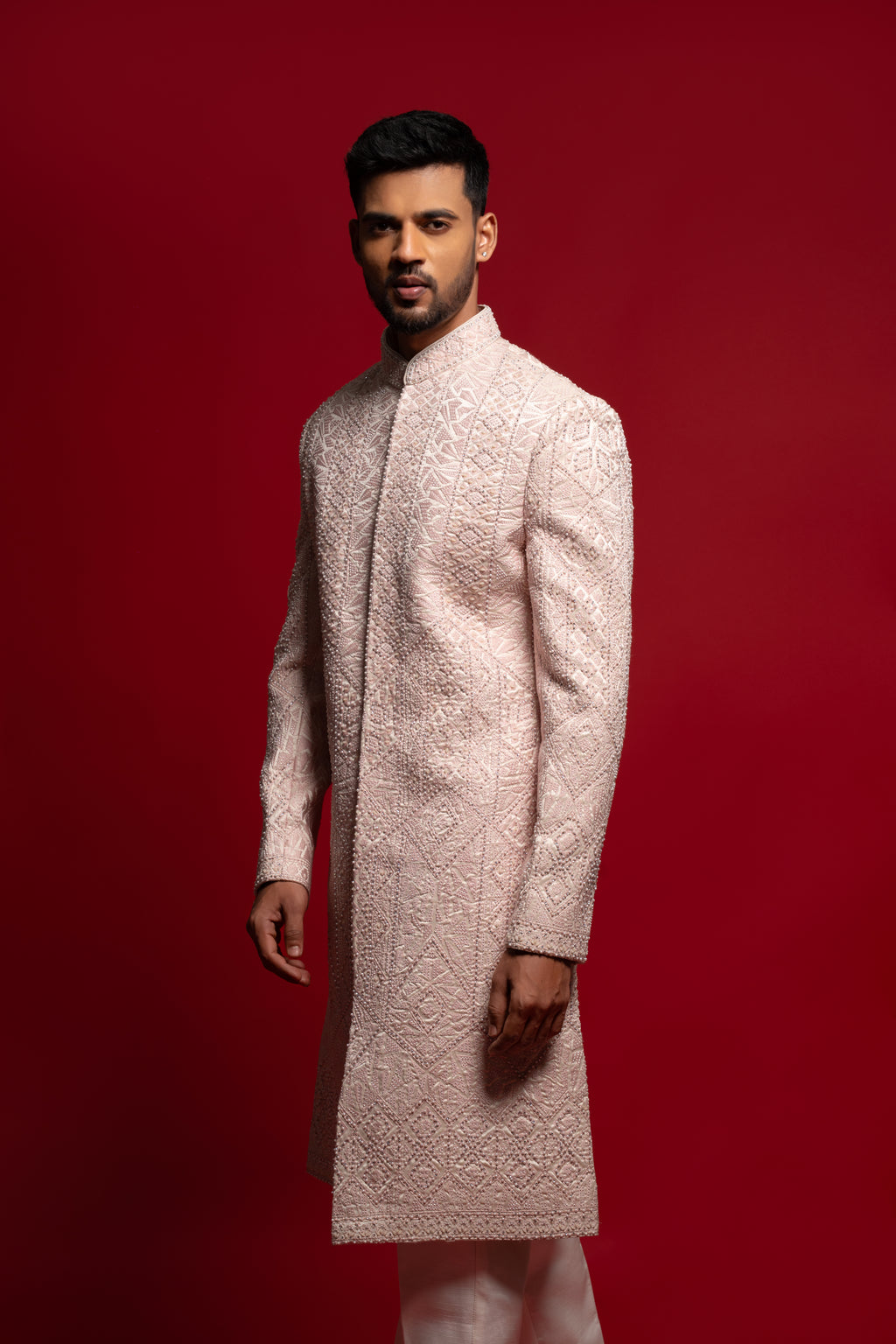 Pink Embroidered Silk Wedding Sherwani For Groom