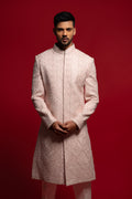 Pink Embroidered Silk Wedding Sherwani For Groom