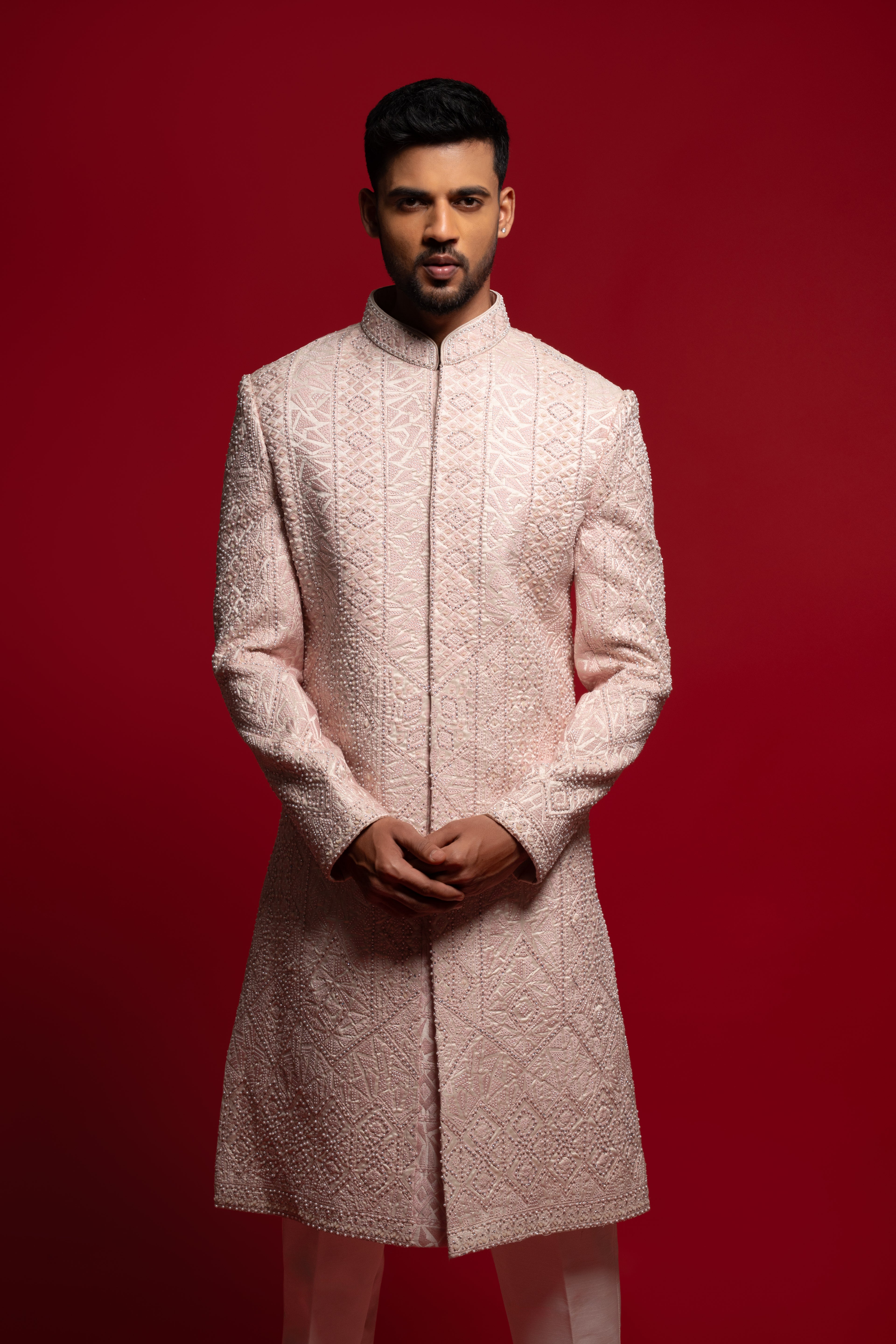 Pink Embroidered Silk Wedding Sherwani For Groom