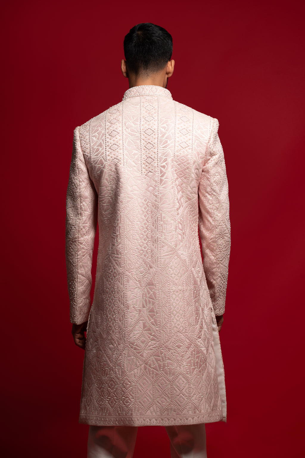 Pink Embroidered Silk Wedding Sherwani For Groom