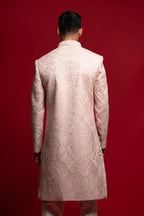 Pink Embroidered Silk Wedding Sherwani For Groom