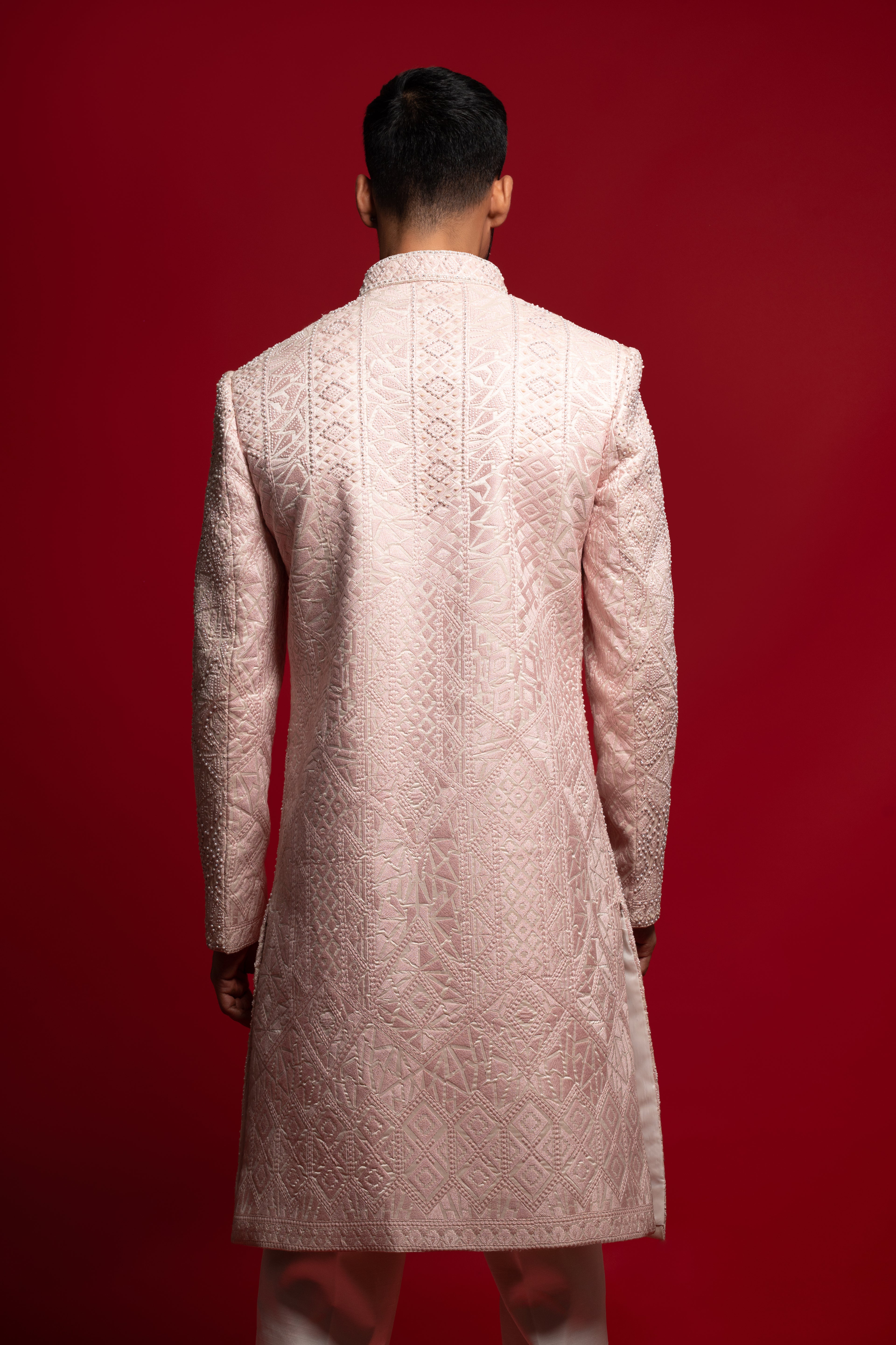Pink Embroidered Silk Wedding Sherwani For Groom