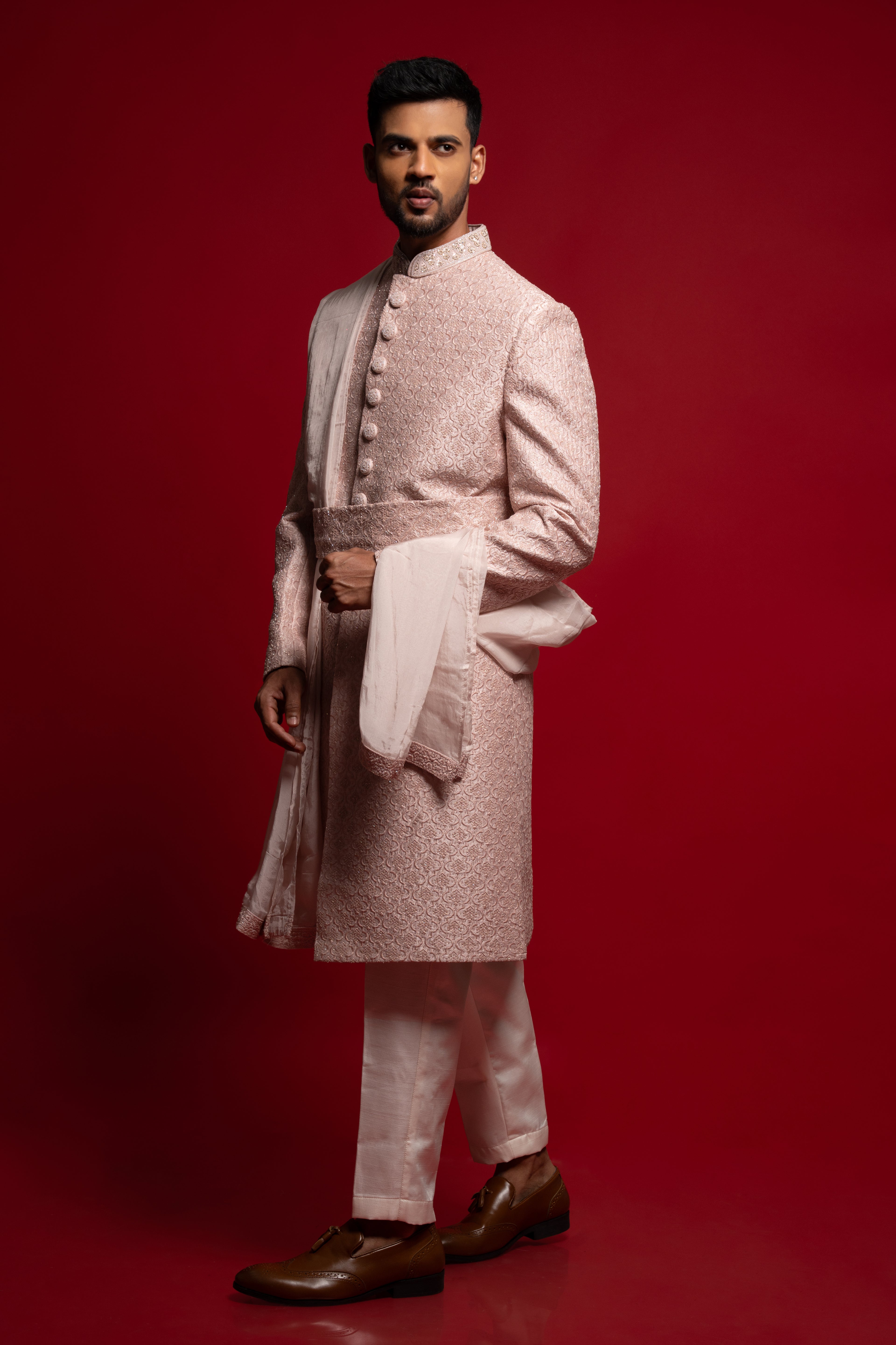 Lilac Silk Embroidered Sherwani Set
