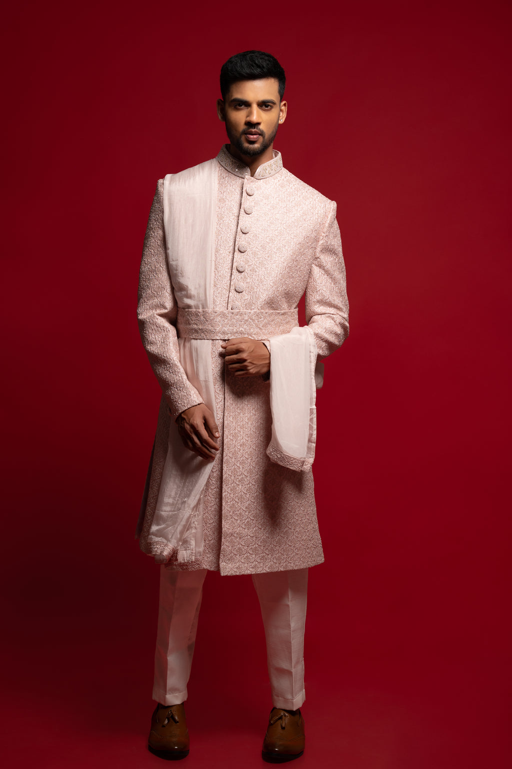 Lilac Silk Embroidered Sherwani Set