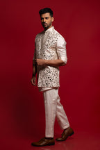 Off White Silk Bundi Set With Leather Metal Work
