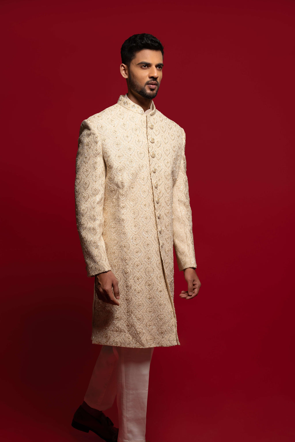 Gold Beige Silk Sherwani Set With Zari And Cutdana Embroidery
