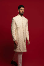 Gold Beige Silk Sherwani Set With Zari And Cutdana Embroidery