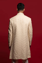 Gold Beige Silk Sherwani Set With Zari And Cutdana Embroidery
