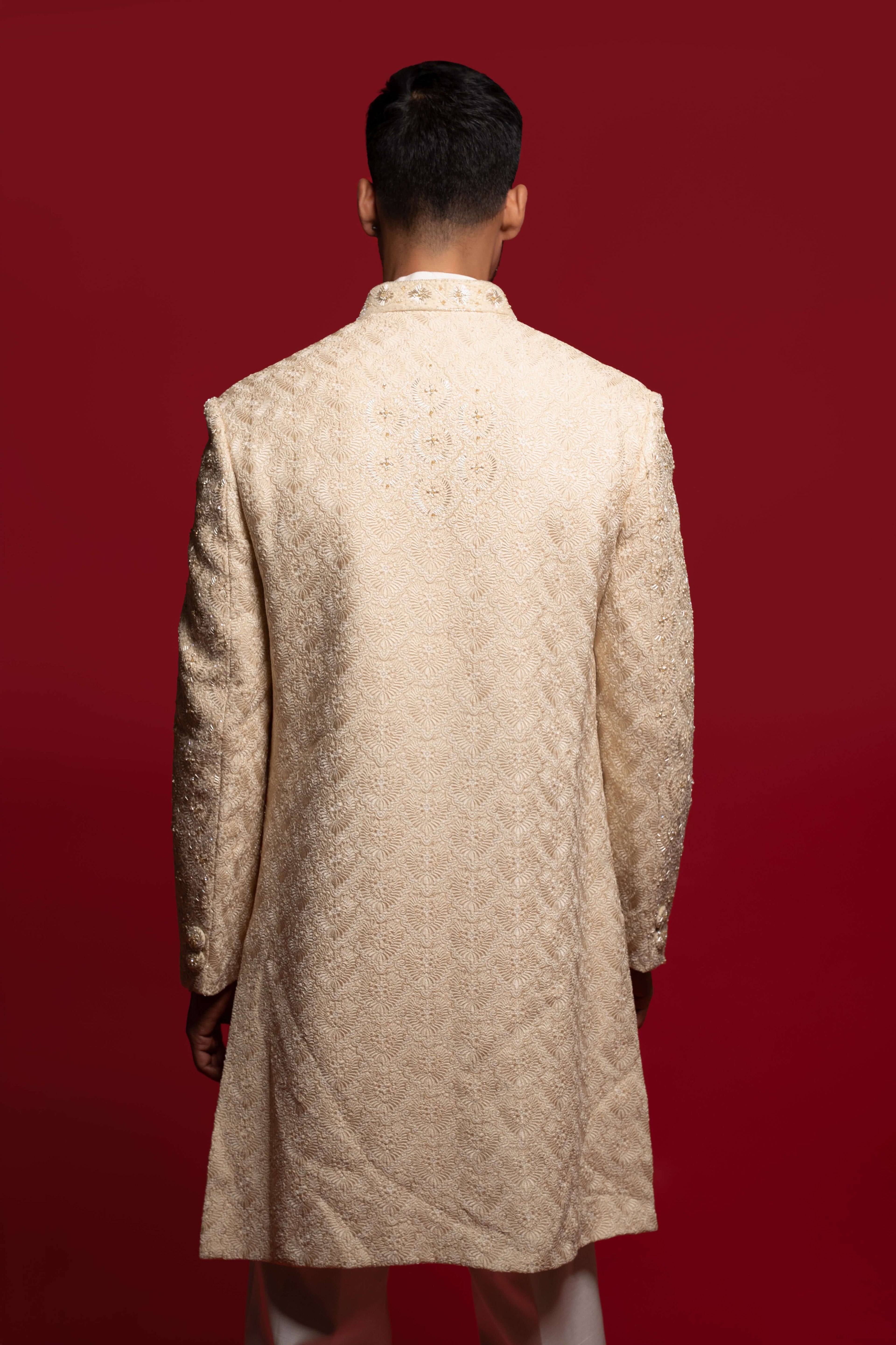 Gold Beige Silk Sherwani Set With Zari And Cutdana Embroidery