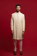 Gold Beige Silk Sherwani Set With Zari And Cutdana Embroidery