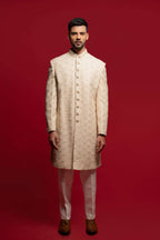 Gold Beige Silk Sherwani Set With Zari And Cutdana Embroidery
