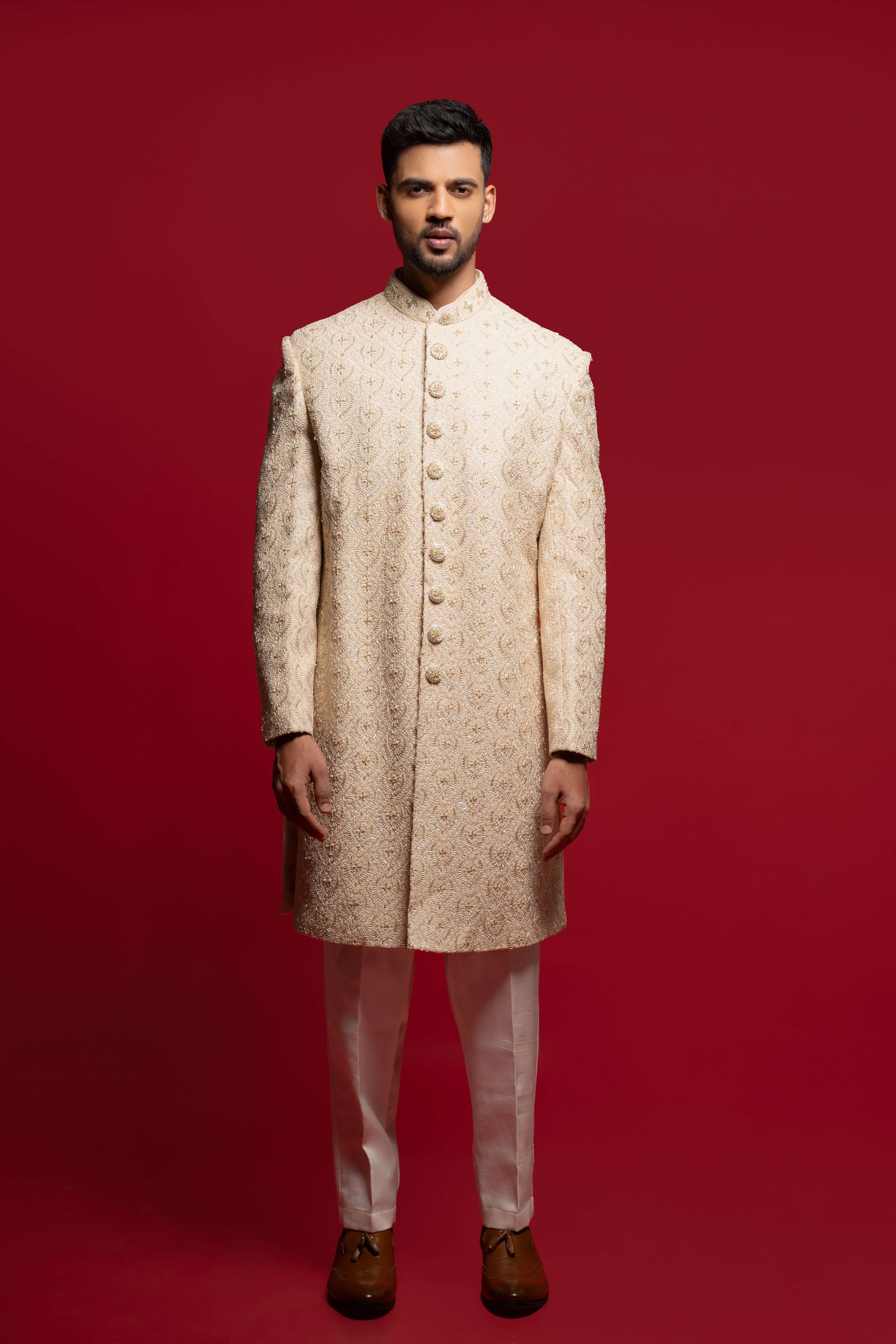 Gold Beige Silk Sherwani Set With Zari And Cutdana Embroidery