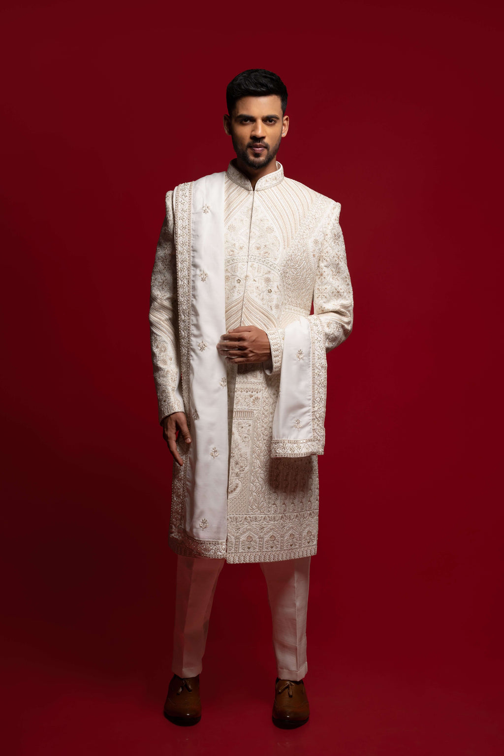White Silk Cutdana & Stone Embroidered Sherwani Set