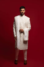 White Silk Cutdana & Stone Embroidered Sherwani Set