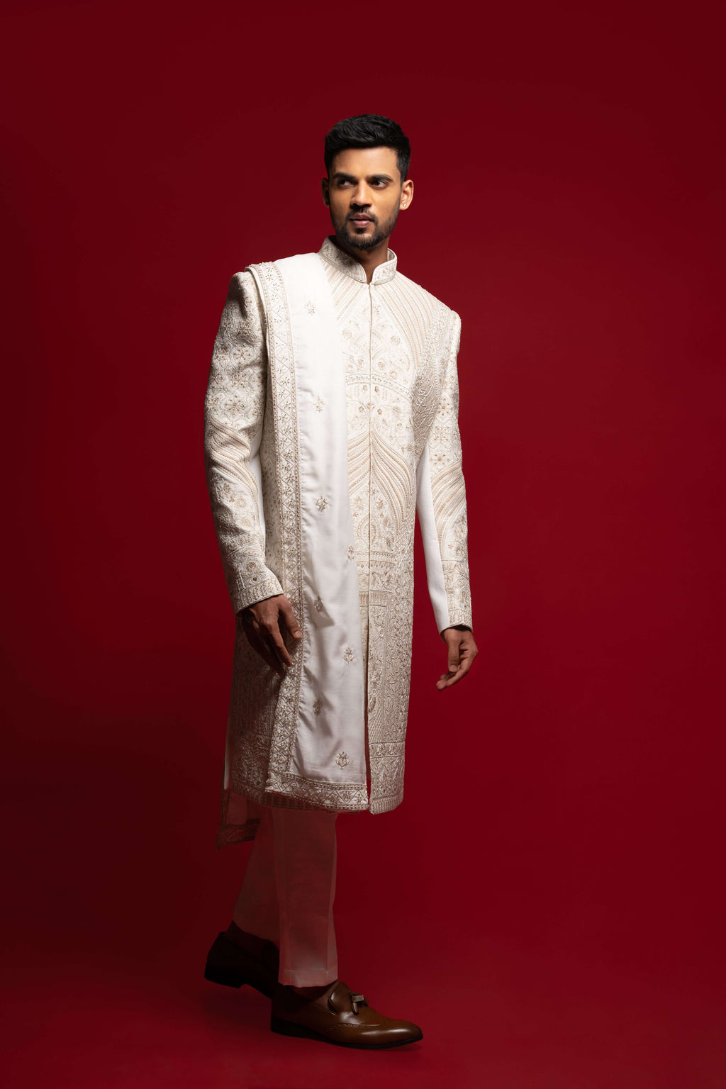 White Silk Cutdana & Stone Embroidered Sherwani Set