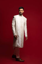 White Silk Cutdana & Stone Embroidered Sherwani Set
