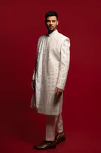 White Silk Cutdana & Stone Embroidered Sherwani Set